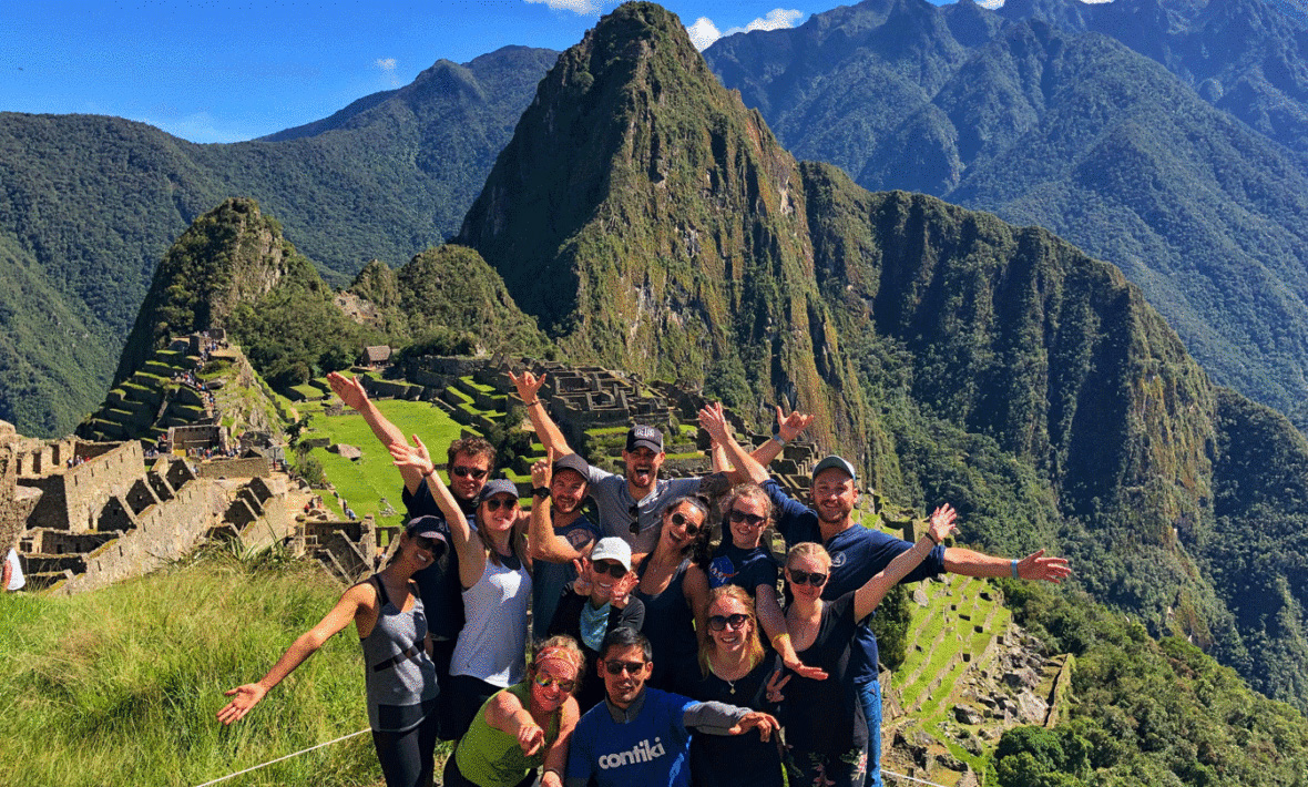 Group Of Happy Young People Mountains Landscape At The Background