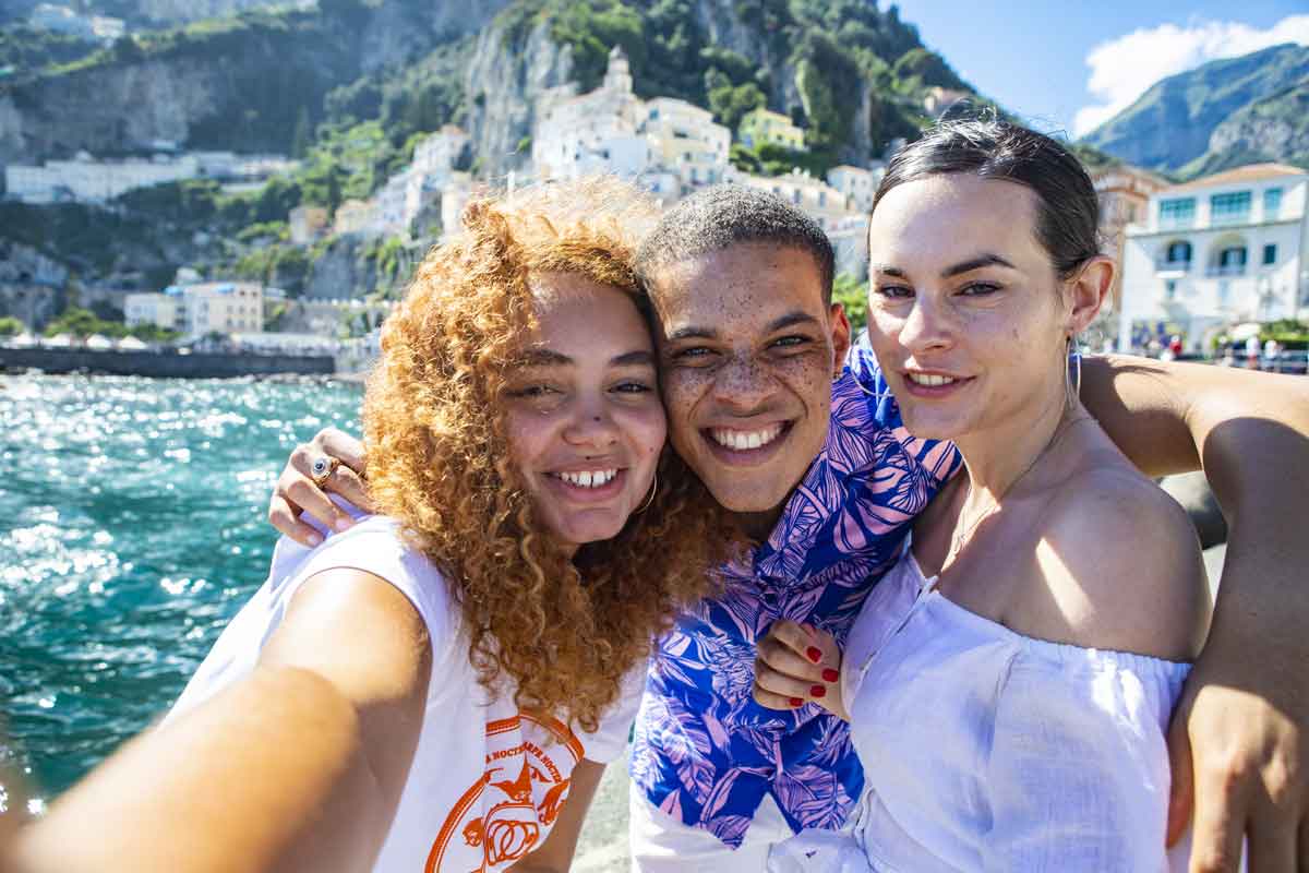 Trio Of Travelers Taking Selfie On Amalfi Coast Italy 0613EURS2019