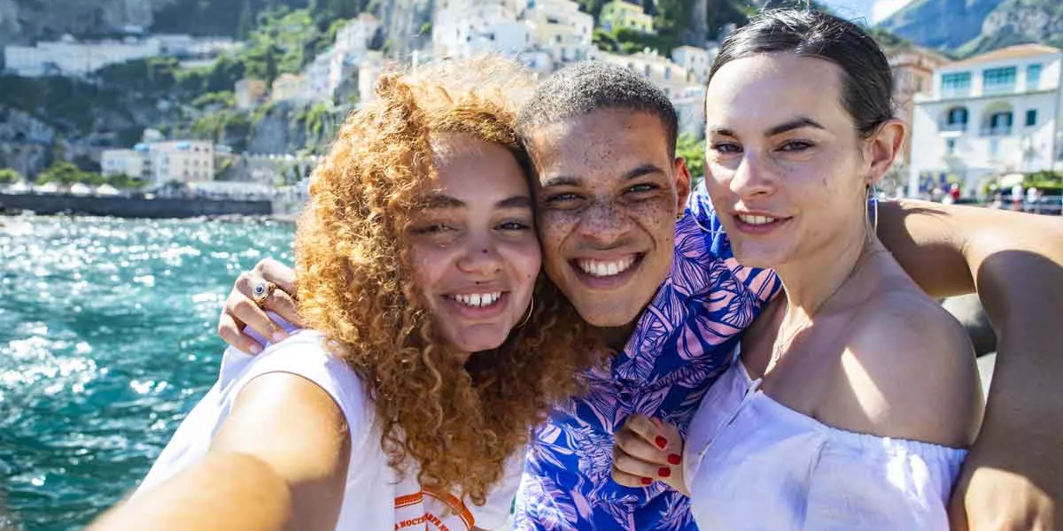 Trio Of Travelers Taking Selfie On Amalfi Coast Italy 0613EURS2019