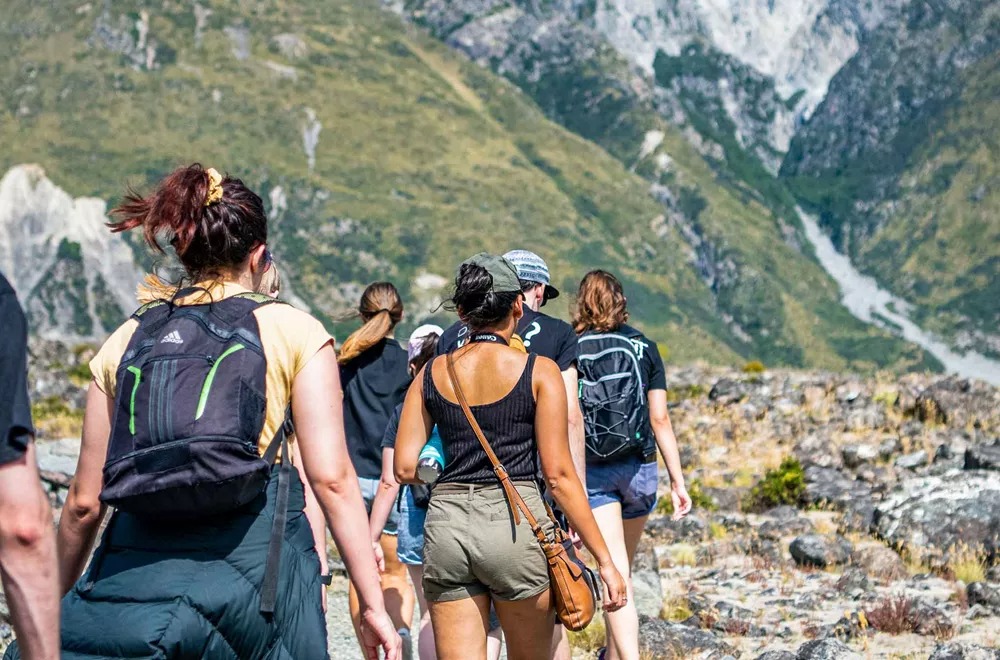 Group Of Adventurers Hiking Through New Zealand Mountains