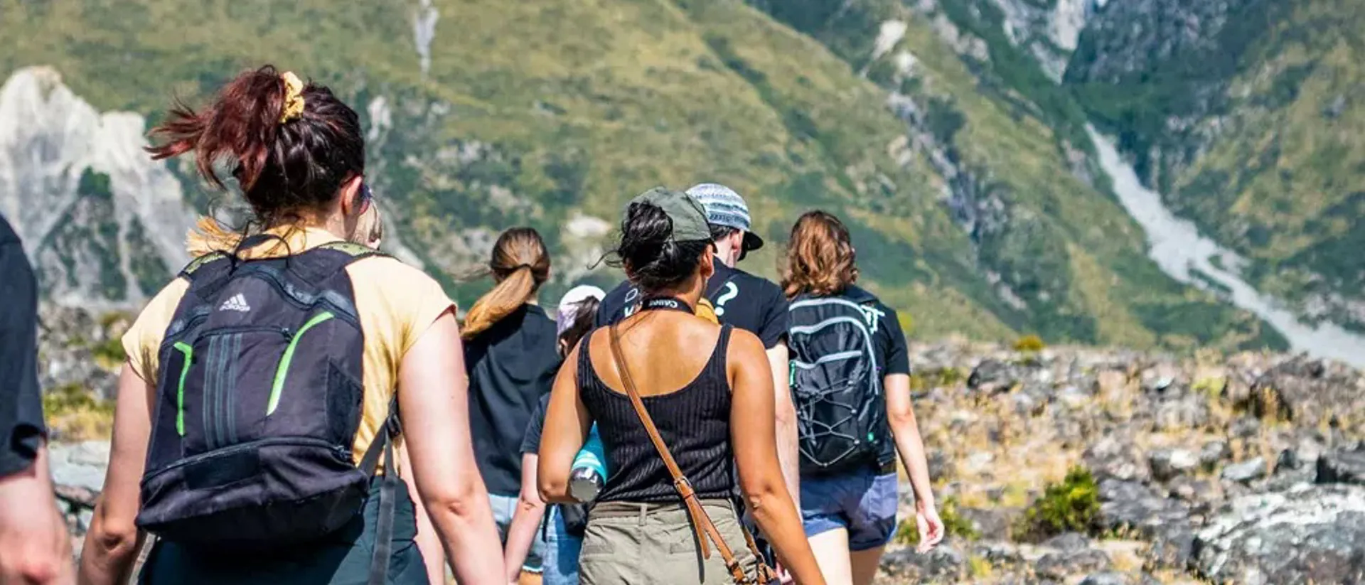 Group Of Adventurers Hiking Through New Zealand Mountains