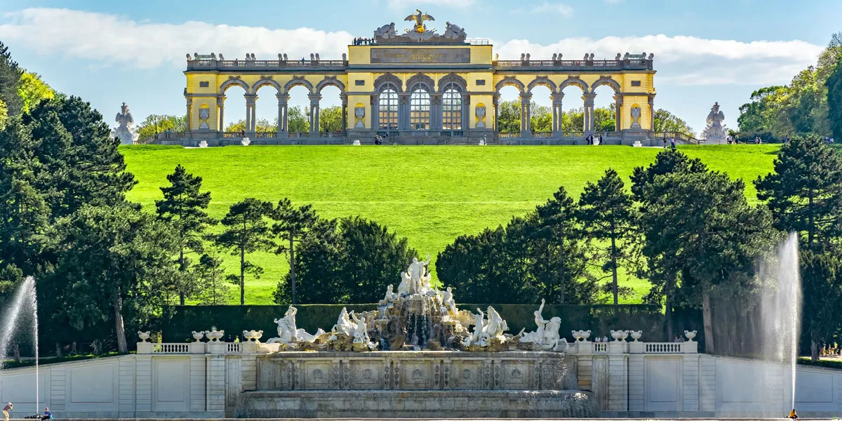 Large Gloriette Pavilion And Neptune Fountain In Schonbrunn Park Vienna Austria