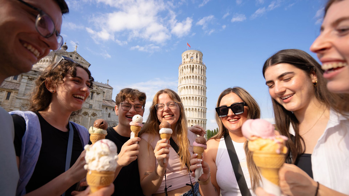 A group of friends enjoying ice cream in Italy.