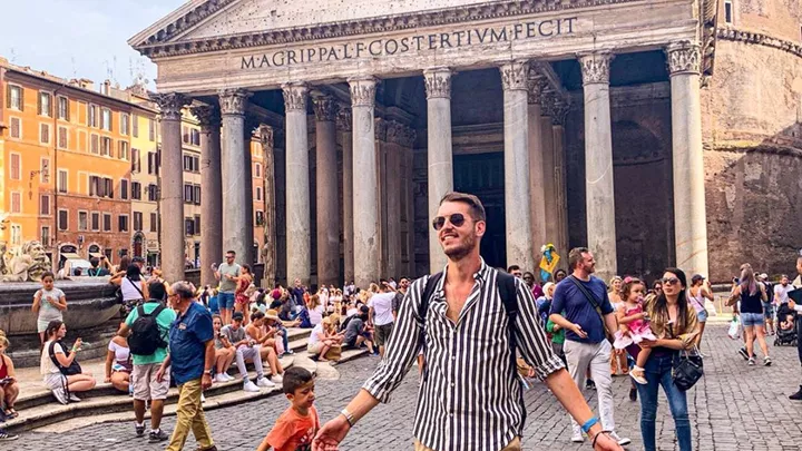 Traveller in front of the Pantheon Rome, Italy