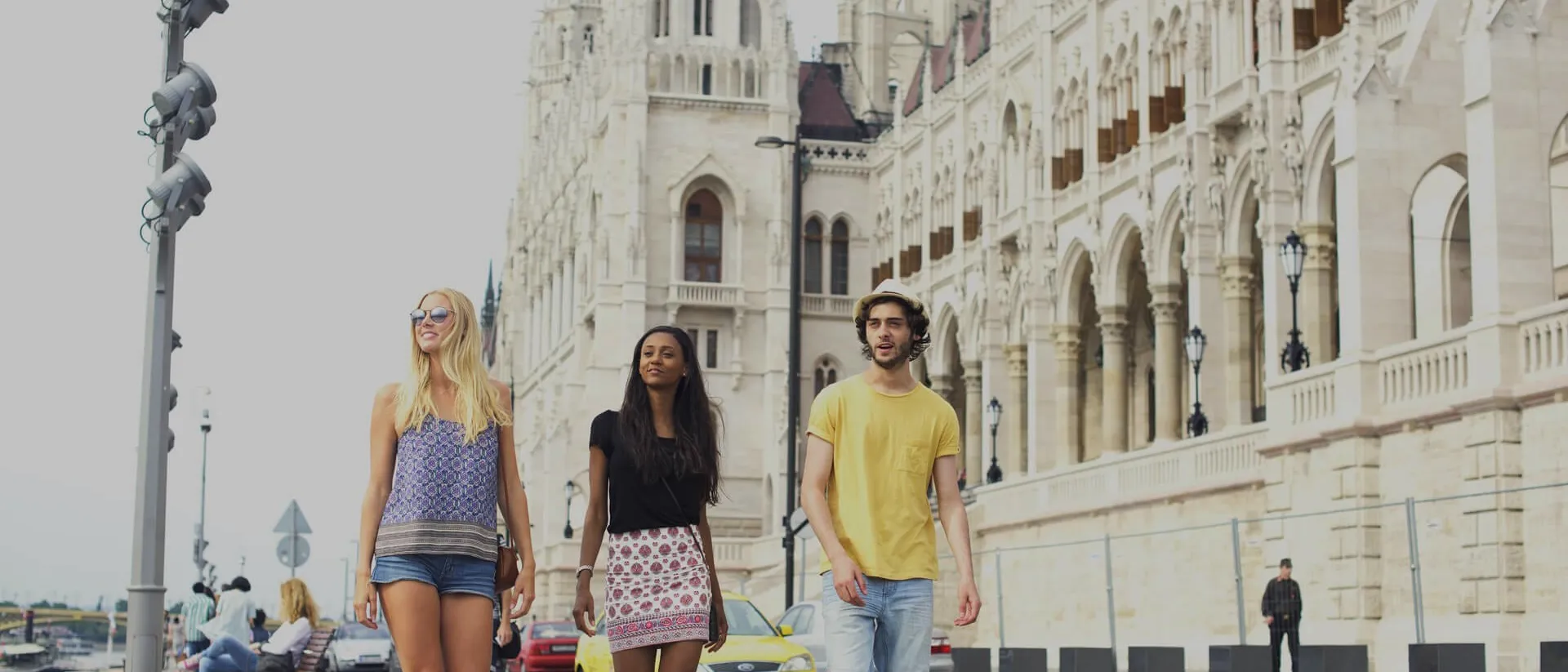 Travellers walking streets of Budapest, Hungary