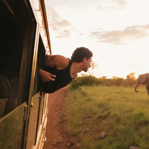Contiki traveller spotting an elephant on safari - Contiki Best of Uganda & Kenya Tour