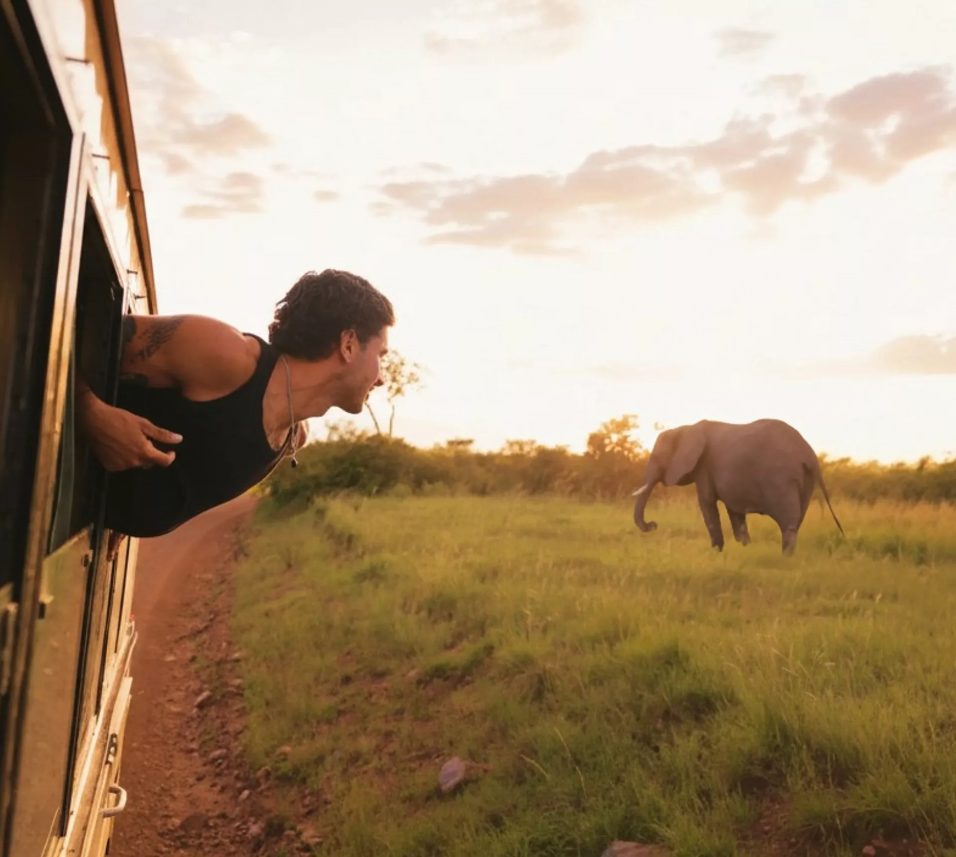 Contiki traveller spotting an elephant on safari - Contiki Best of Uganda & Kenya Tour