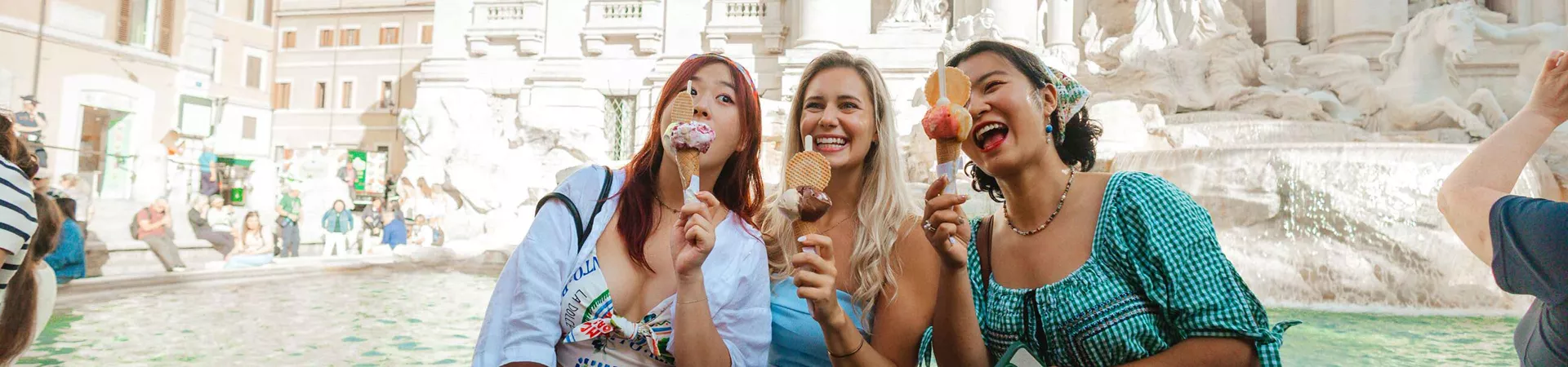Travelers Eating Ice Cream Trevi Fountain Italy