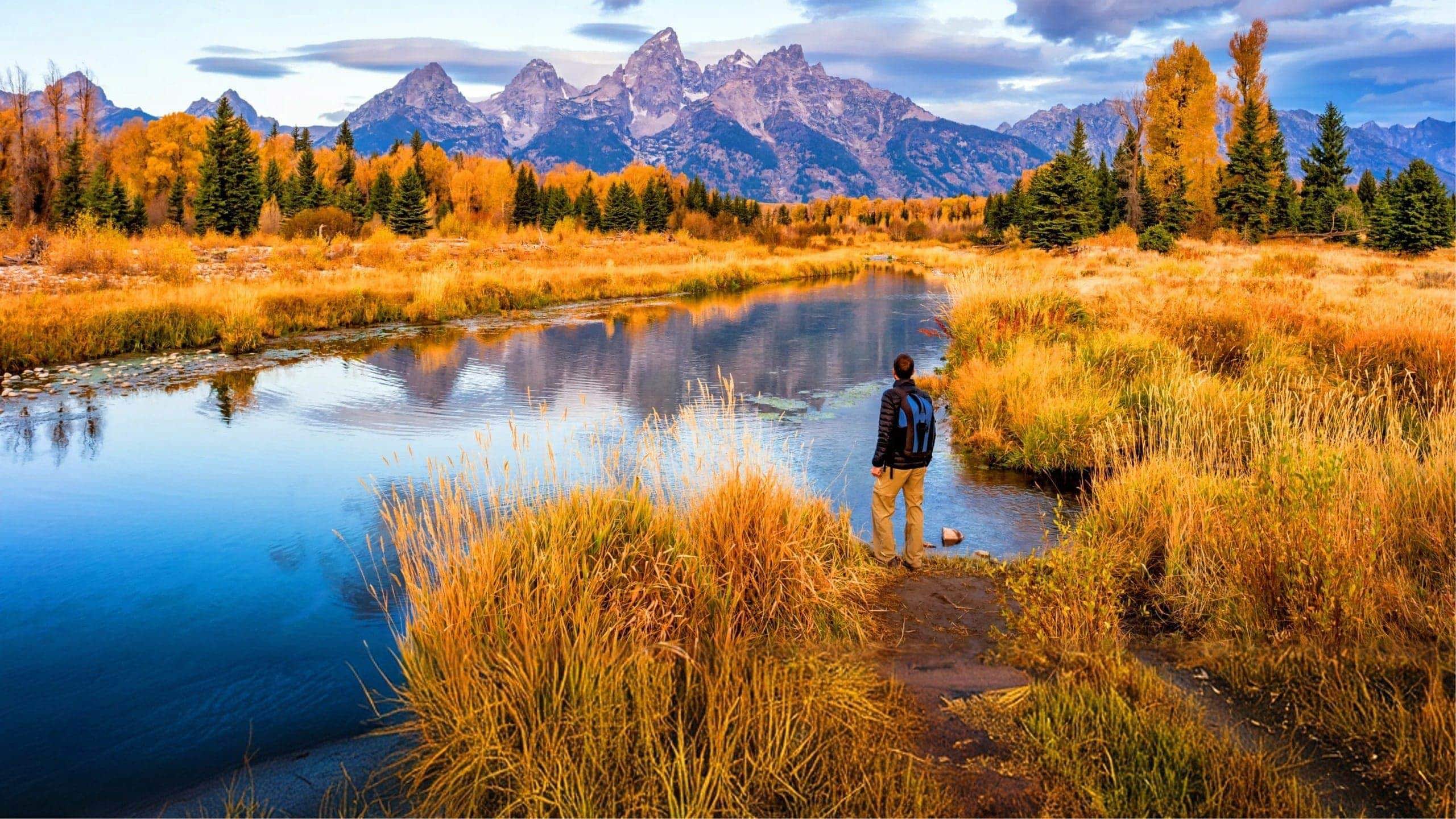 A traveller stands beside a river overlooking the Grand Teton mountains in Wyoming, surrounded by autumn colours - Contiki Active Yellowstone & Grand Tetons Tour