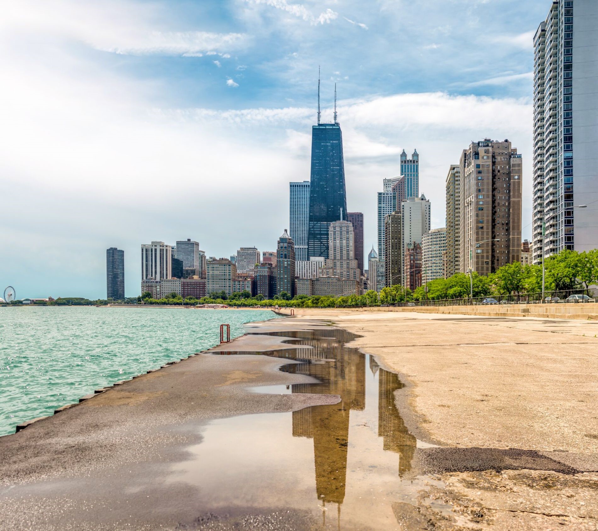 Beach and skyline with skyscrapers of Chicago, USA