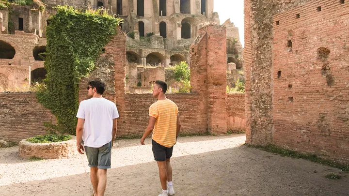 Travellers in the Roman Forum in Rome, Italy