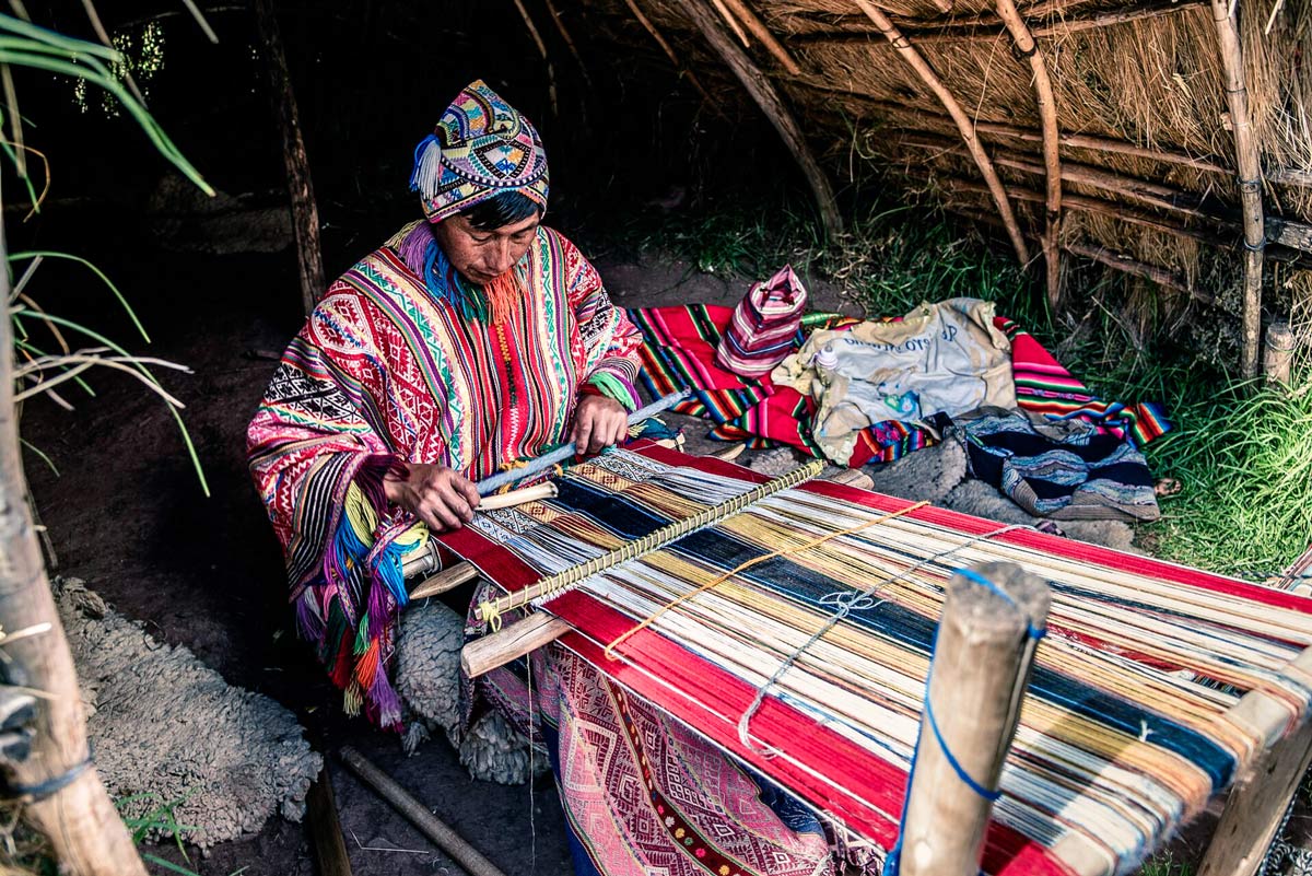 Woven Fabric Man Weaving Wearing Tradional Clothes