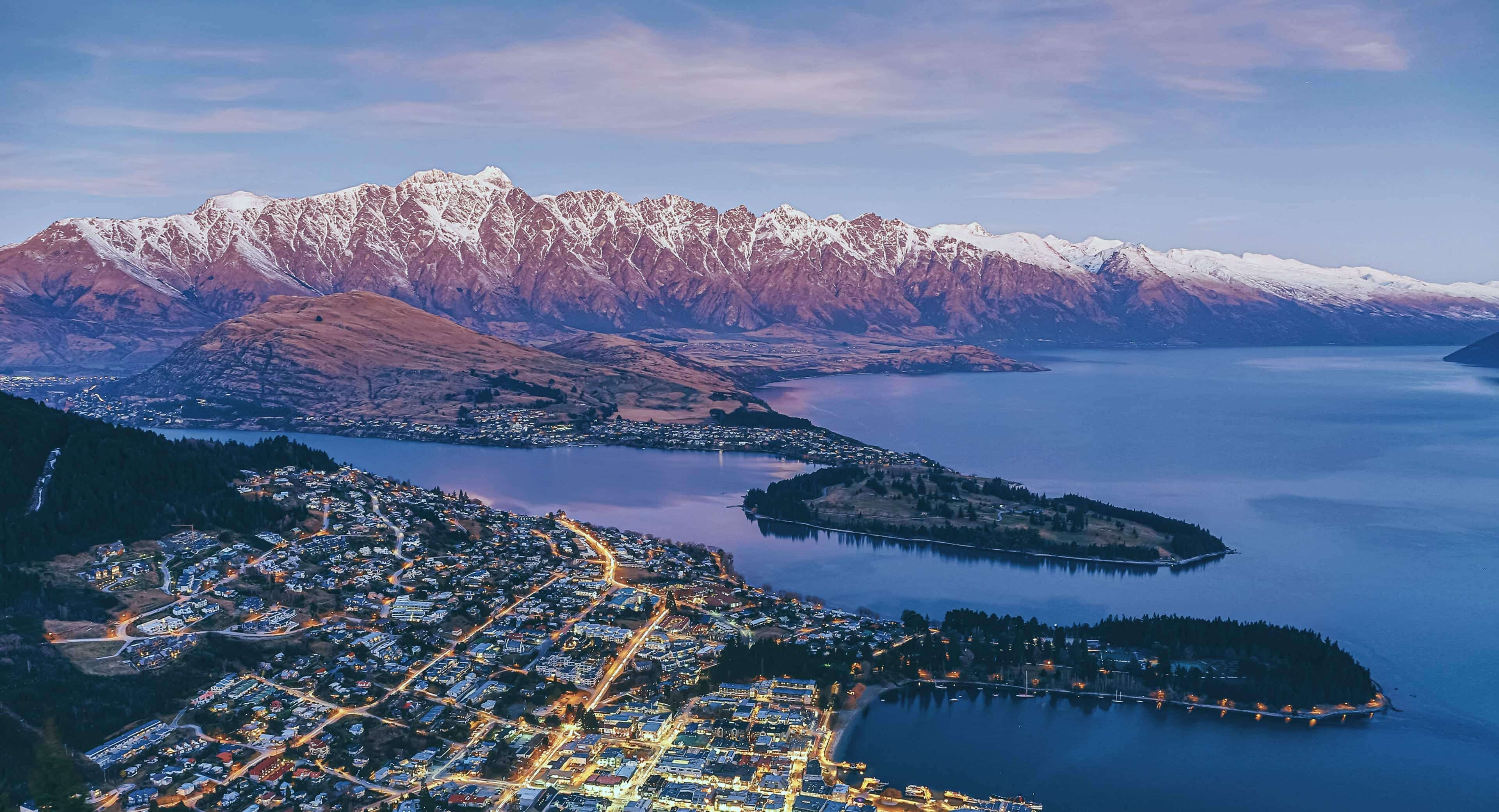 Aerial View Queenstown Mountains Dusk