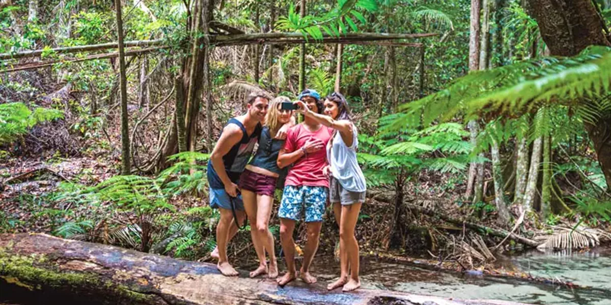 Travellers taking selfie in Noosa Everglades, Australia