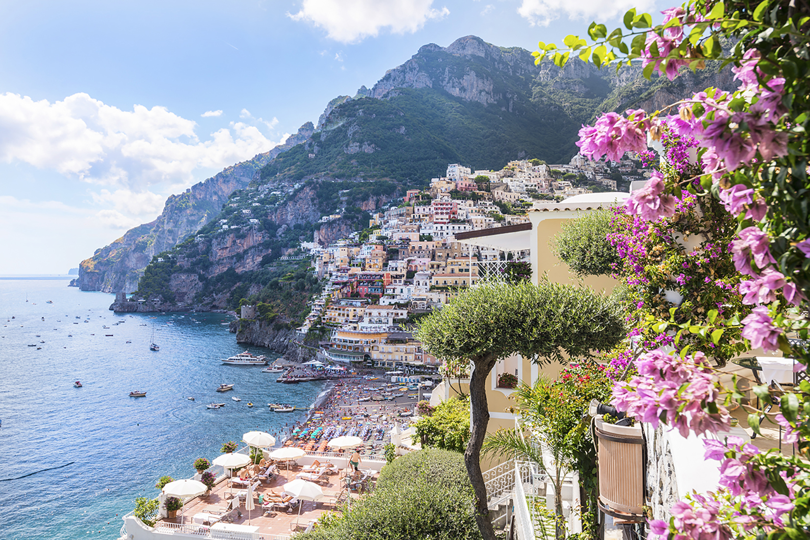 A landscape view of a colourful town along the Amalfi Coast, Italy