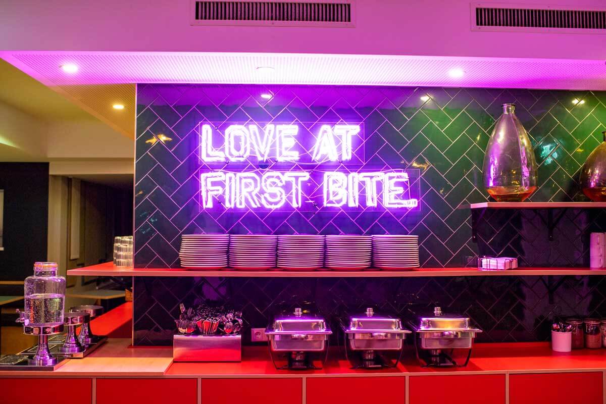Love At First Bite Neon Sign At The Gasthof Schoneck restaurant 