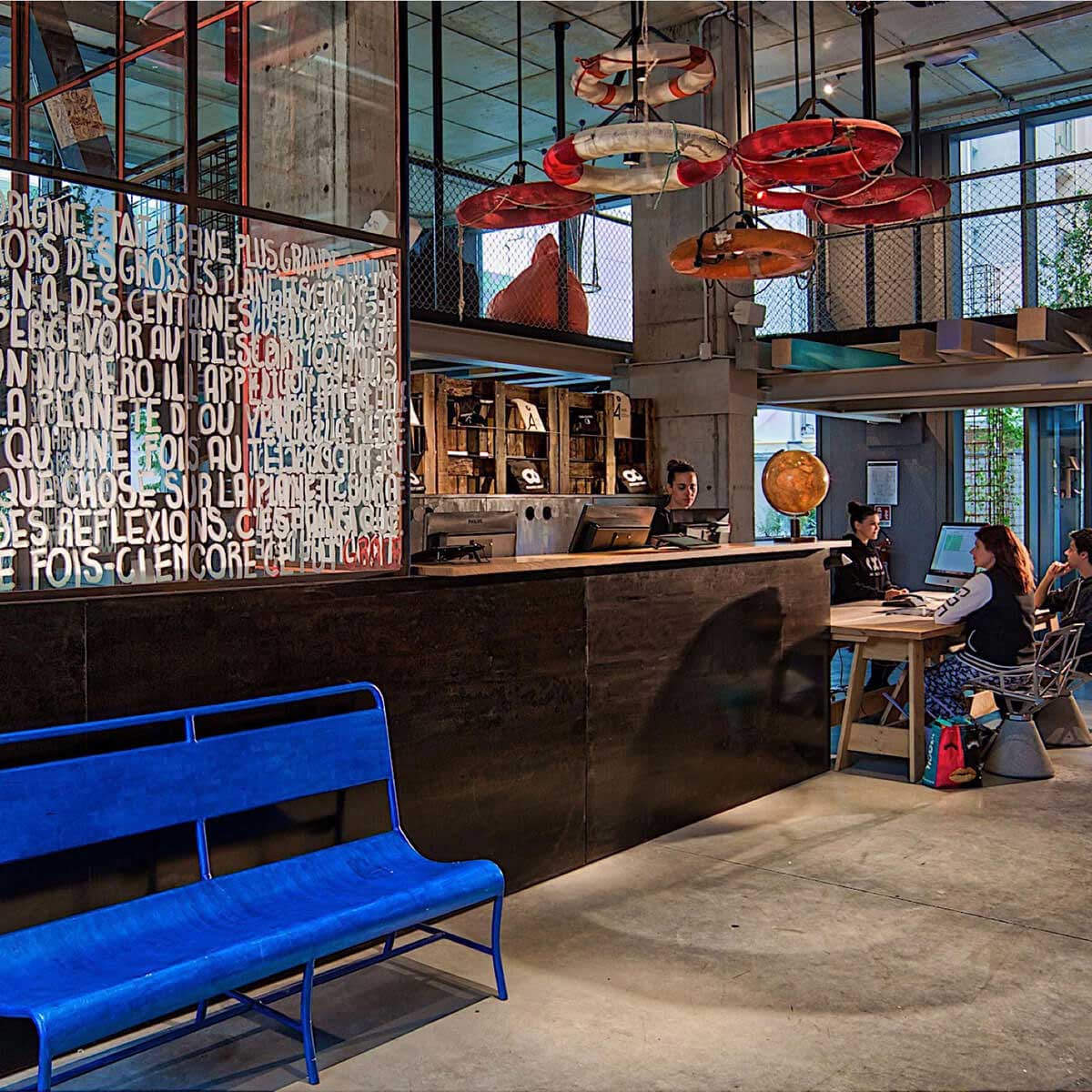 A blue bench near the bar