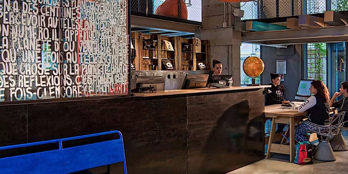 A blue bench near the bar