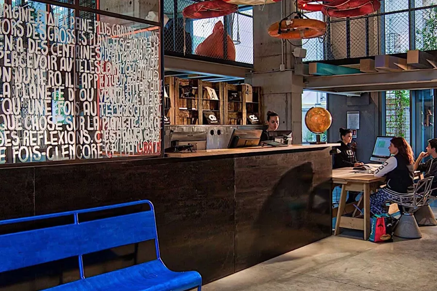 A blue bench near the bar