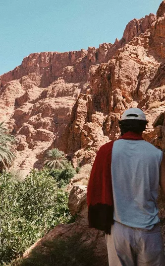 A traveller walks through a lush palm-filled canyon surrounded by towering red rock cliffs in Morocco.