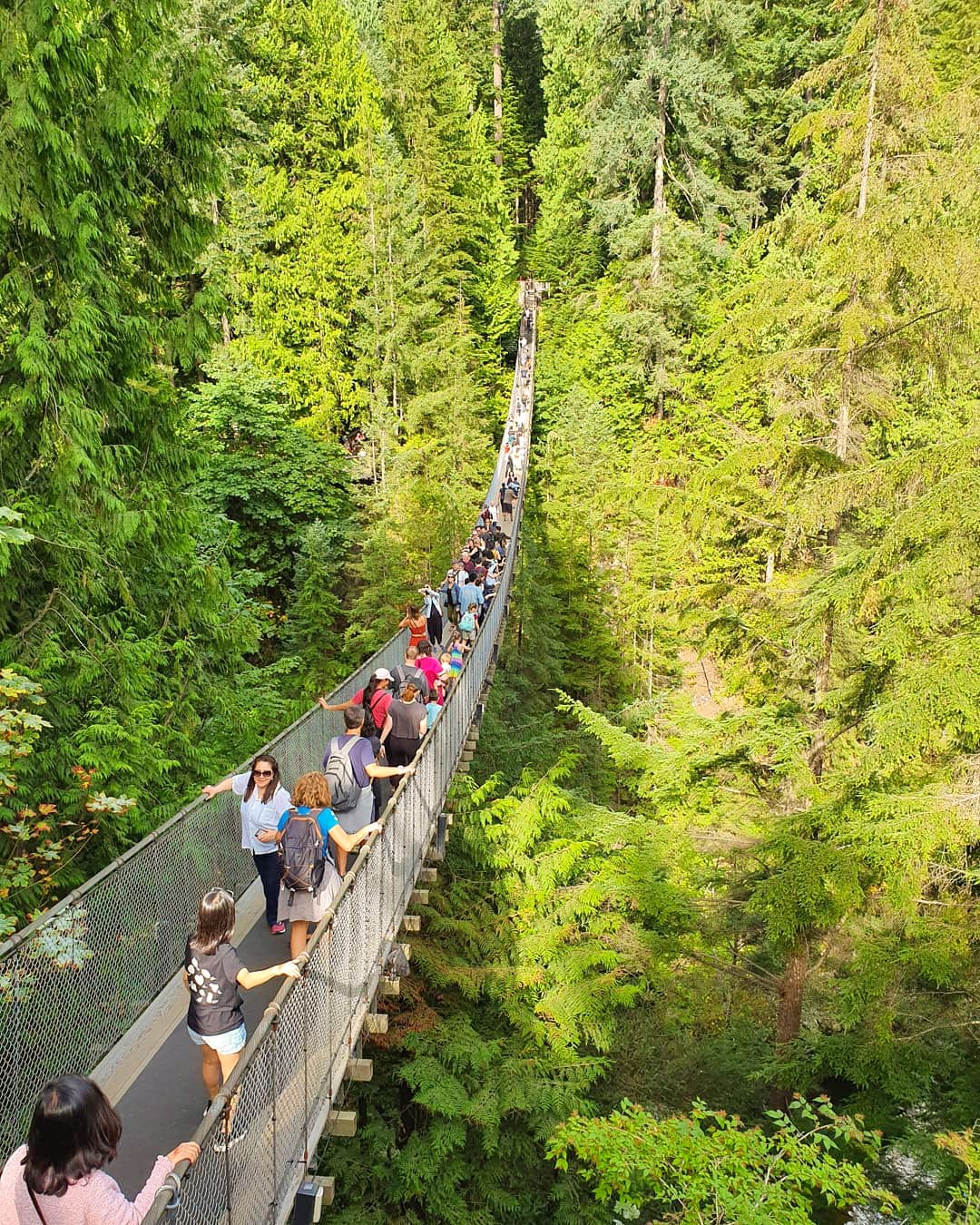 Travellers walking over Capilano Suspension Bridge in Vancouver, Canada