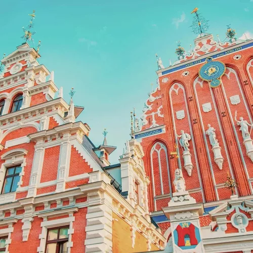 Ornate red-brick House of the Black Heads in Riga, Latvia.