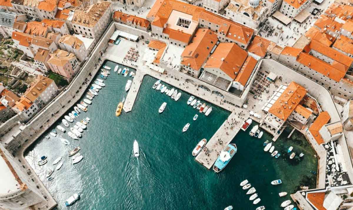 Above View Of City And Lake Boats