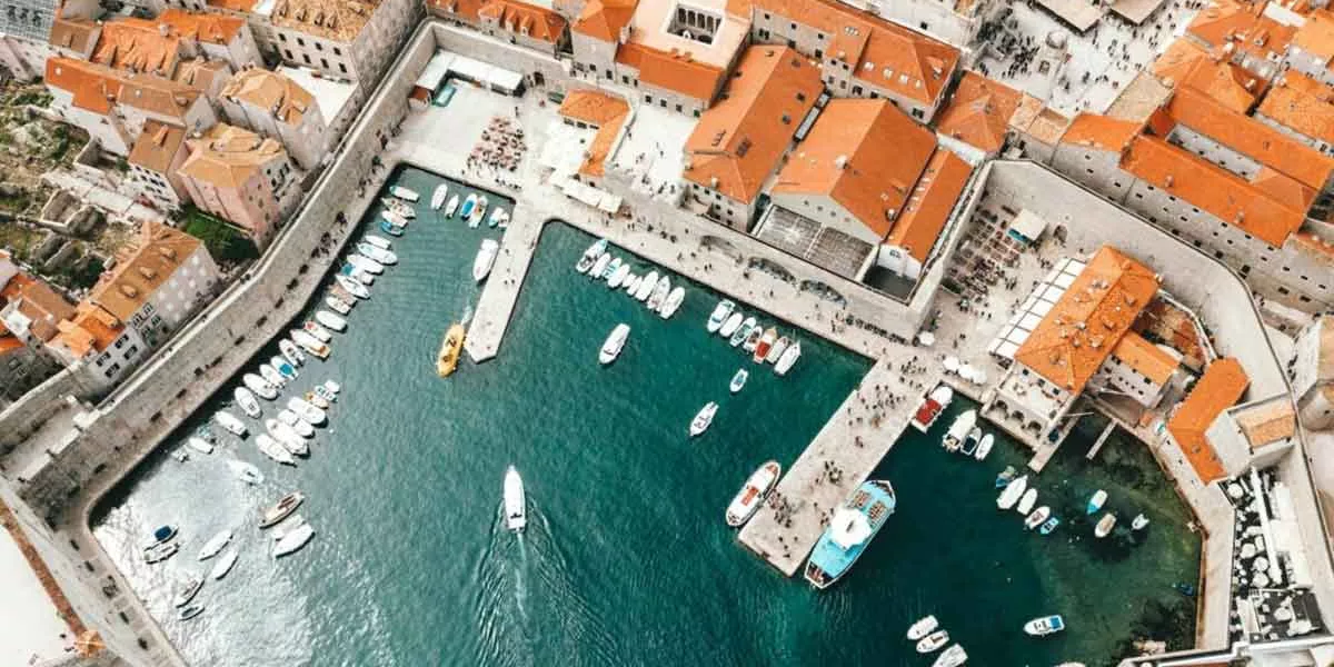 Above View Of City And Lake Boats
