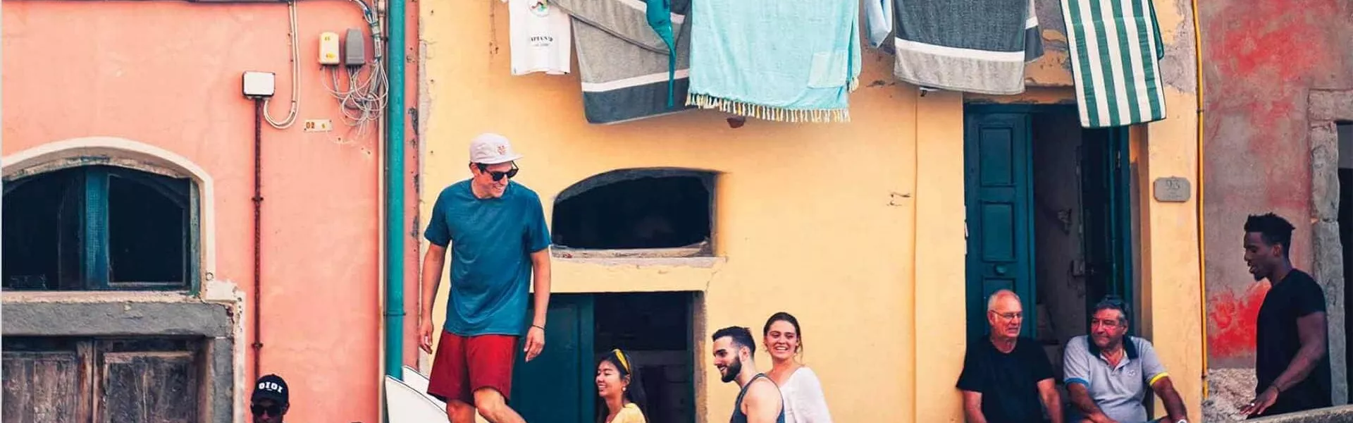 People walking down the street in a small town