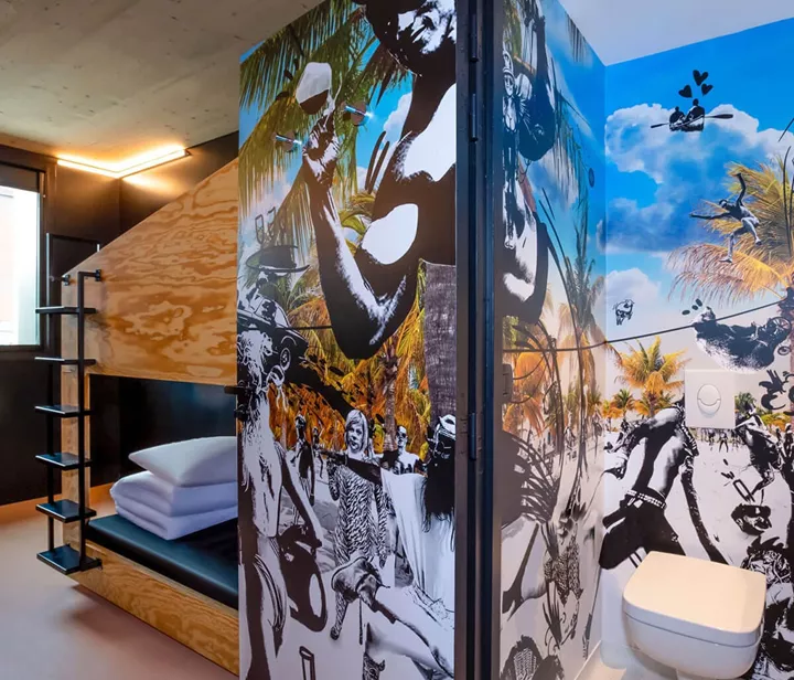 Bathroom and bedroom with a colored wall