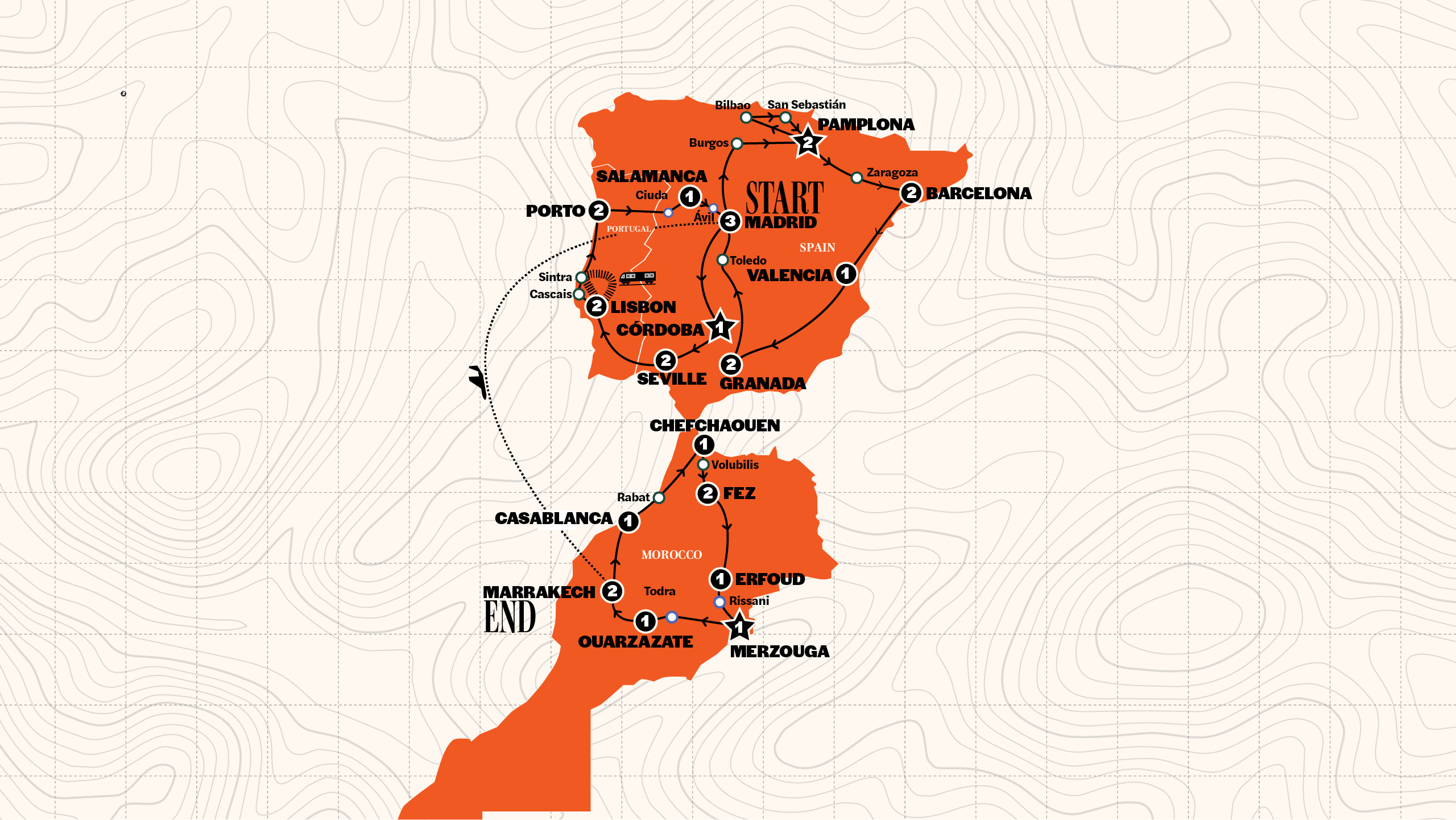 Spain, Portugal and Morocco Uncovered Trip Map