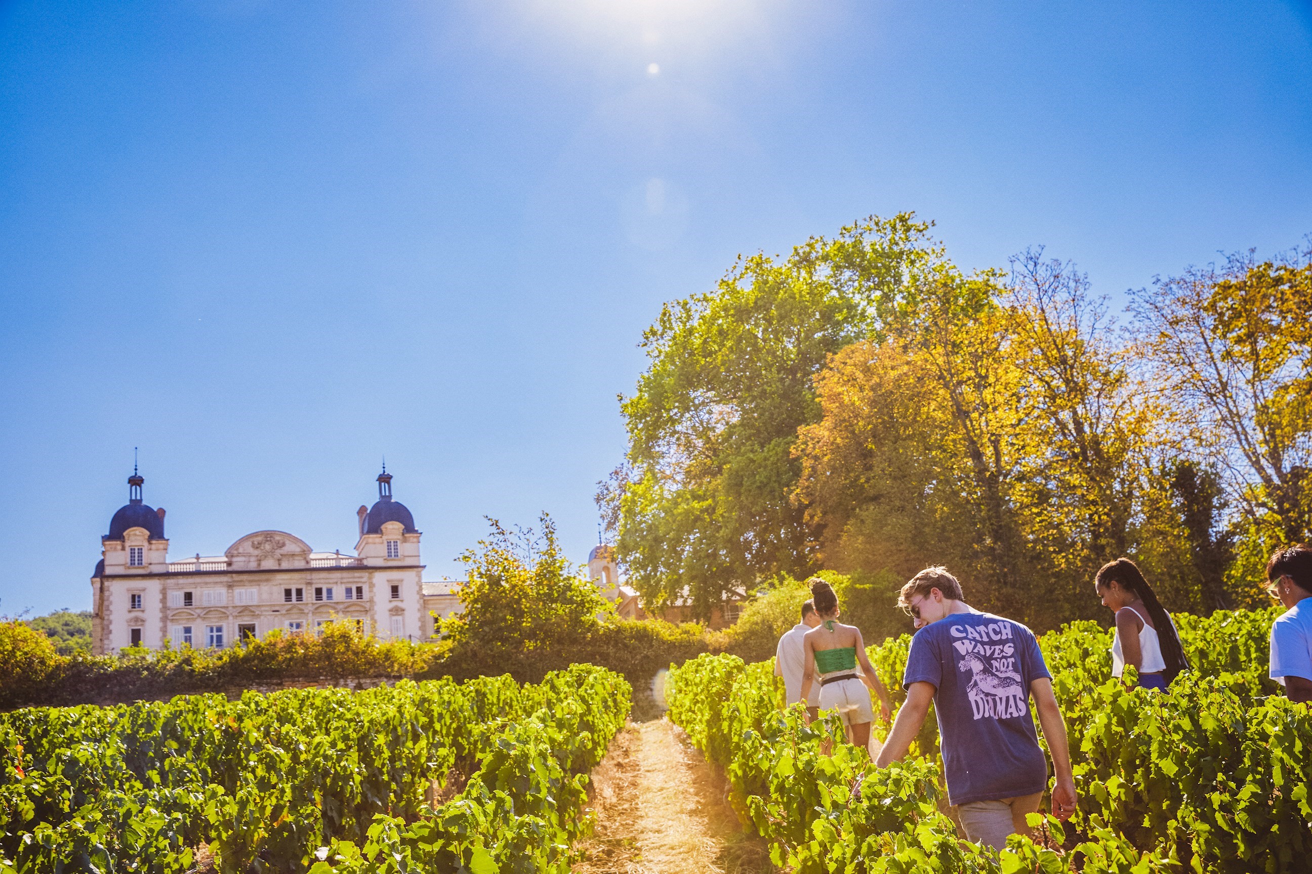 Travelers Hiking Through French Countryside, Beaujolais, France