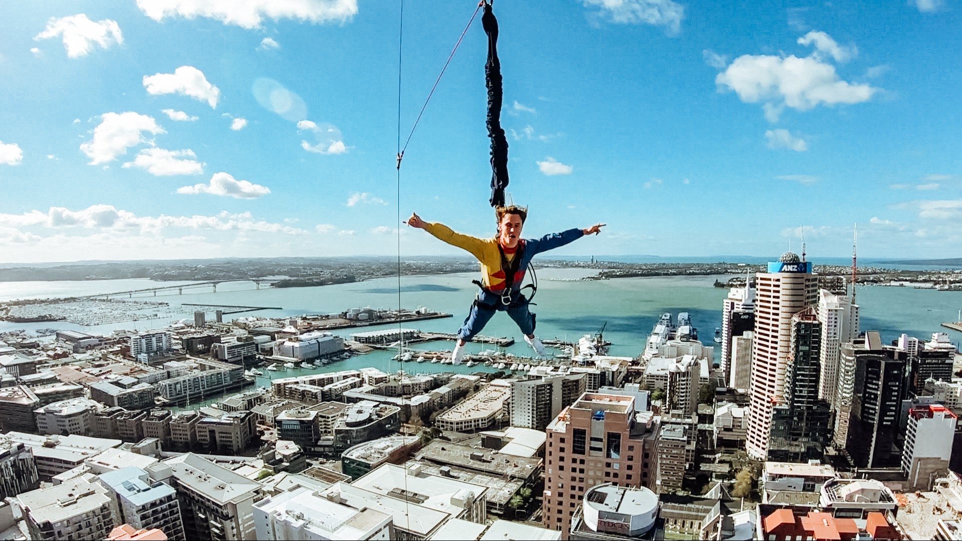 Traveller during the sky jump from the Sky Tower in Auckland, New Zealand