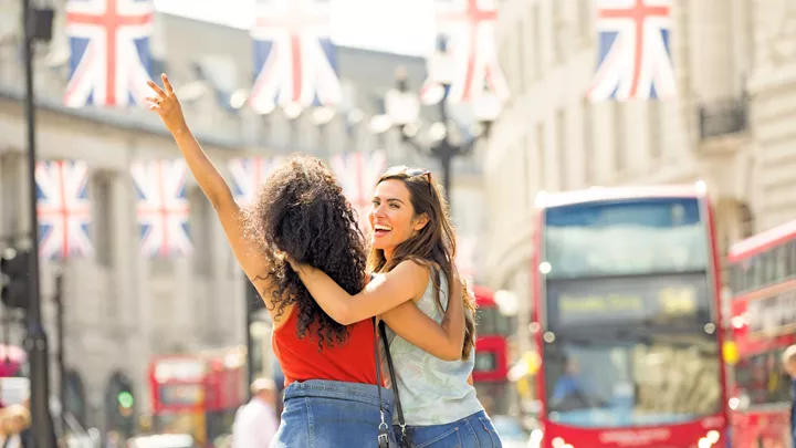 The iconic big red buses of London, England