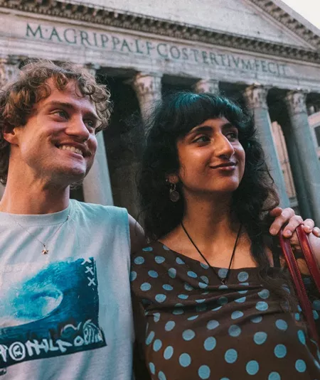 Two people outside the Pantheon in Rome - Contiki Rome to Barcelona by Train Tour
