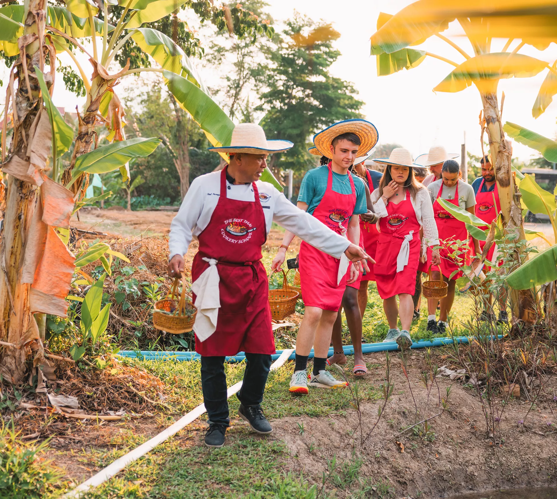 Local man showing plants to travellers for cooking class, Chiang Mai, Thailand