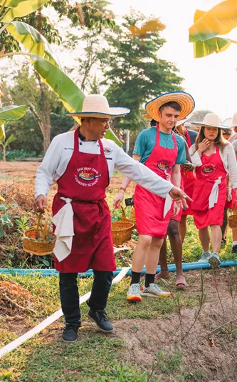 Local man showing plants to travellers for cooking class, Chiang Mai, Thailand