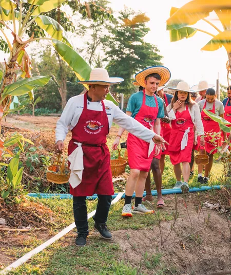 Local man showing plants to travellers for cooking class, Chiang Mai, Thailand