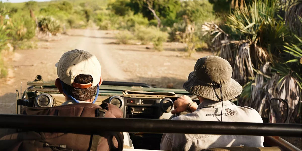 Two people drive through the bush in an open safari vehicle during a game drive in South Africa's Greater Kruger region - Contiki Become a Safari Guide in Kruger Tour