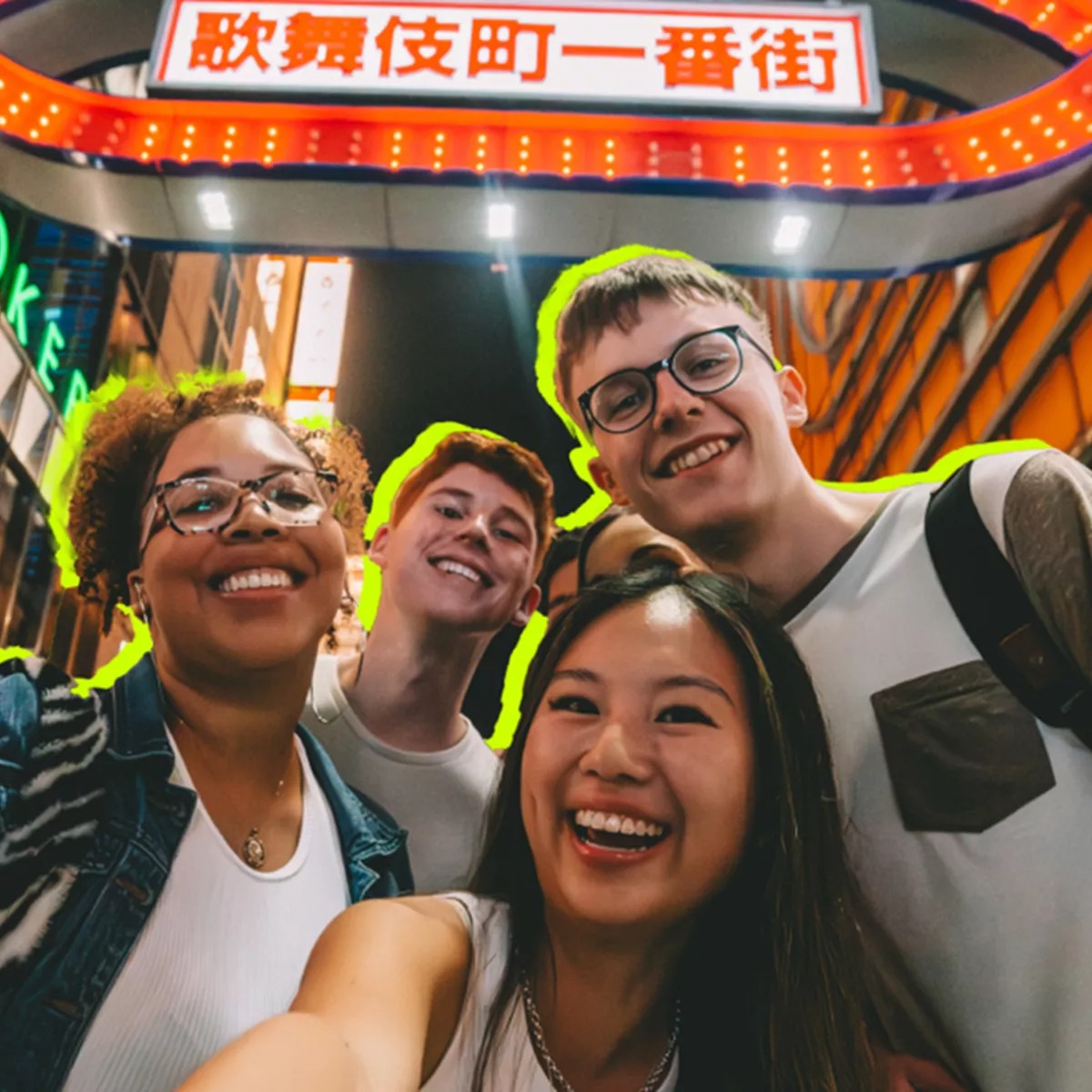 Group of smiling tourists taking selfie under neon with Chinese characters 