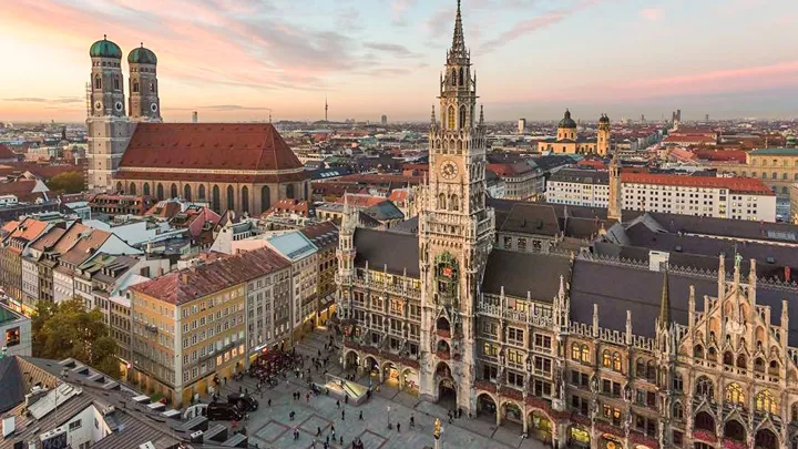 Beautiful buildings in Marianplatz square Munich, Germany