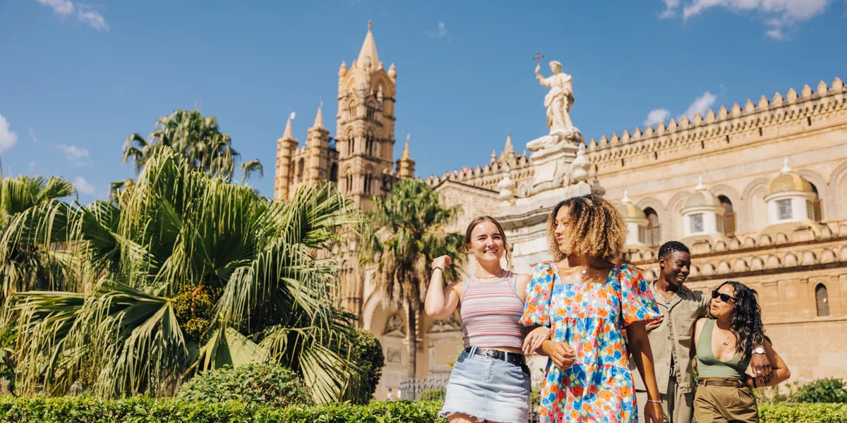 Group Of Friends Walk Through Sicily