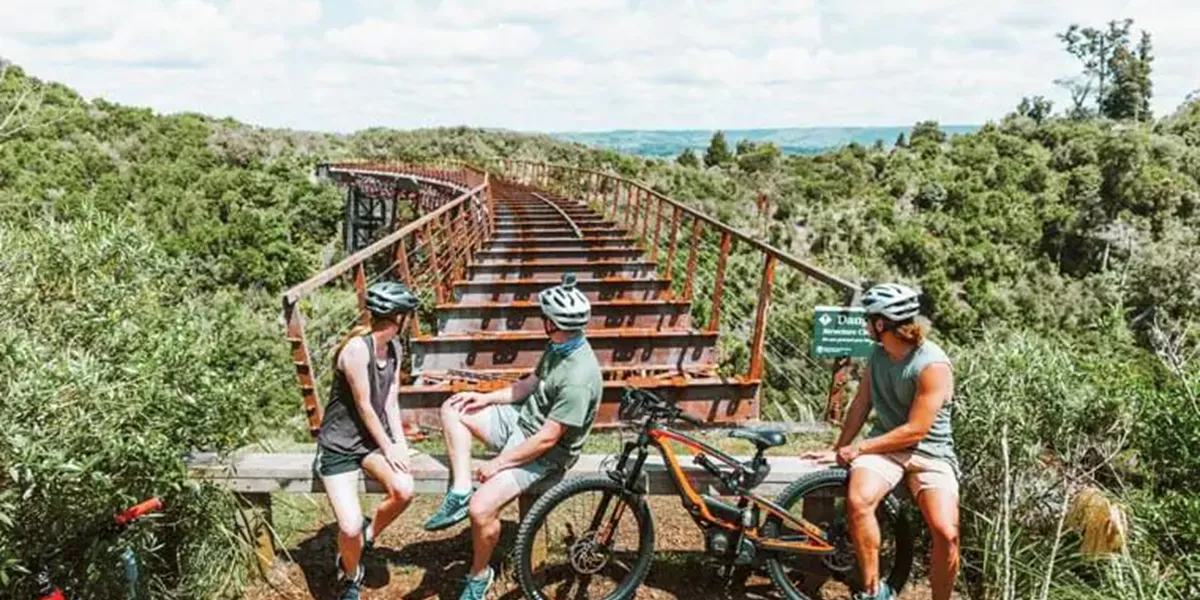 Cyclists looking at the old bridge