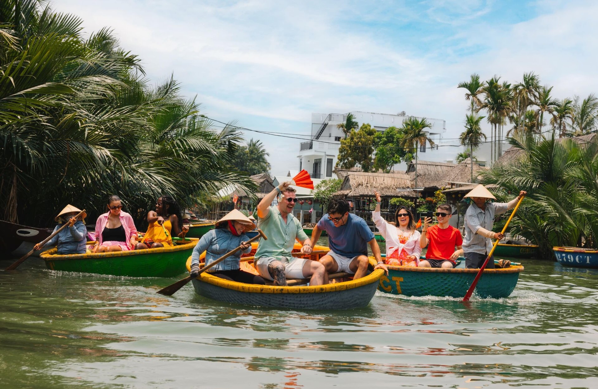 Travellers riding boats in Vietnam