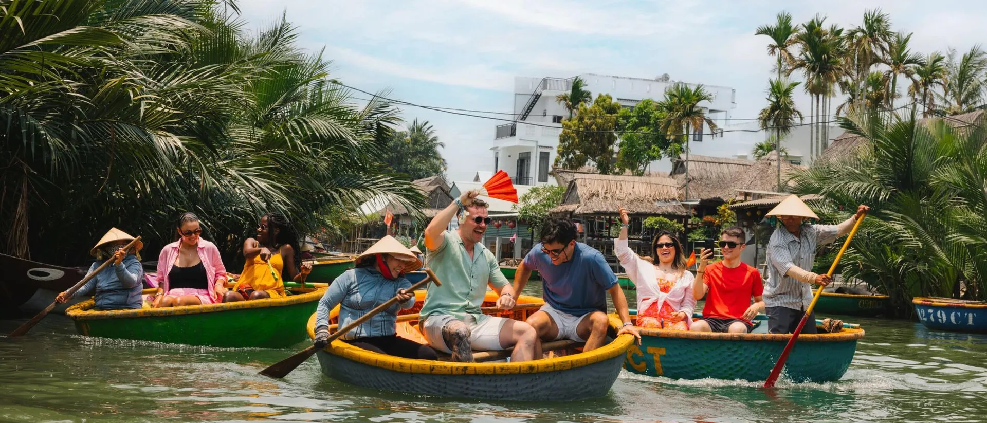 Travellers riding boats in Vietnam