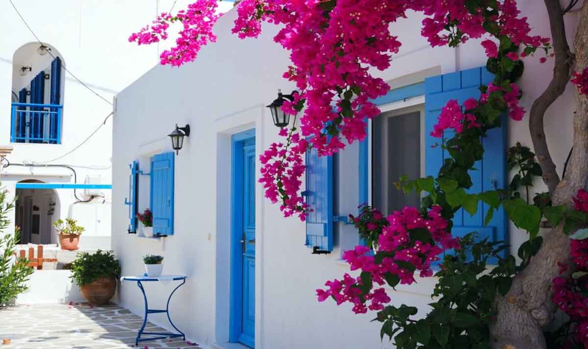 white-houses-light-blue-frames-pink-flowers-tree-green-plants.jpg