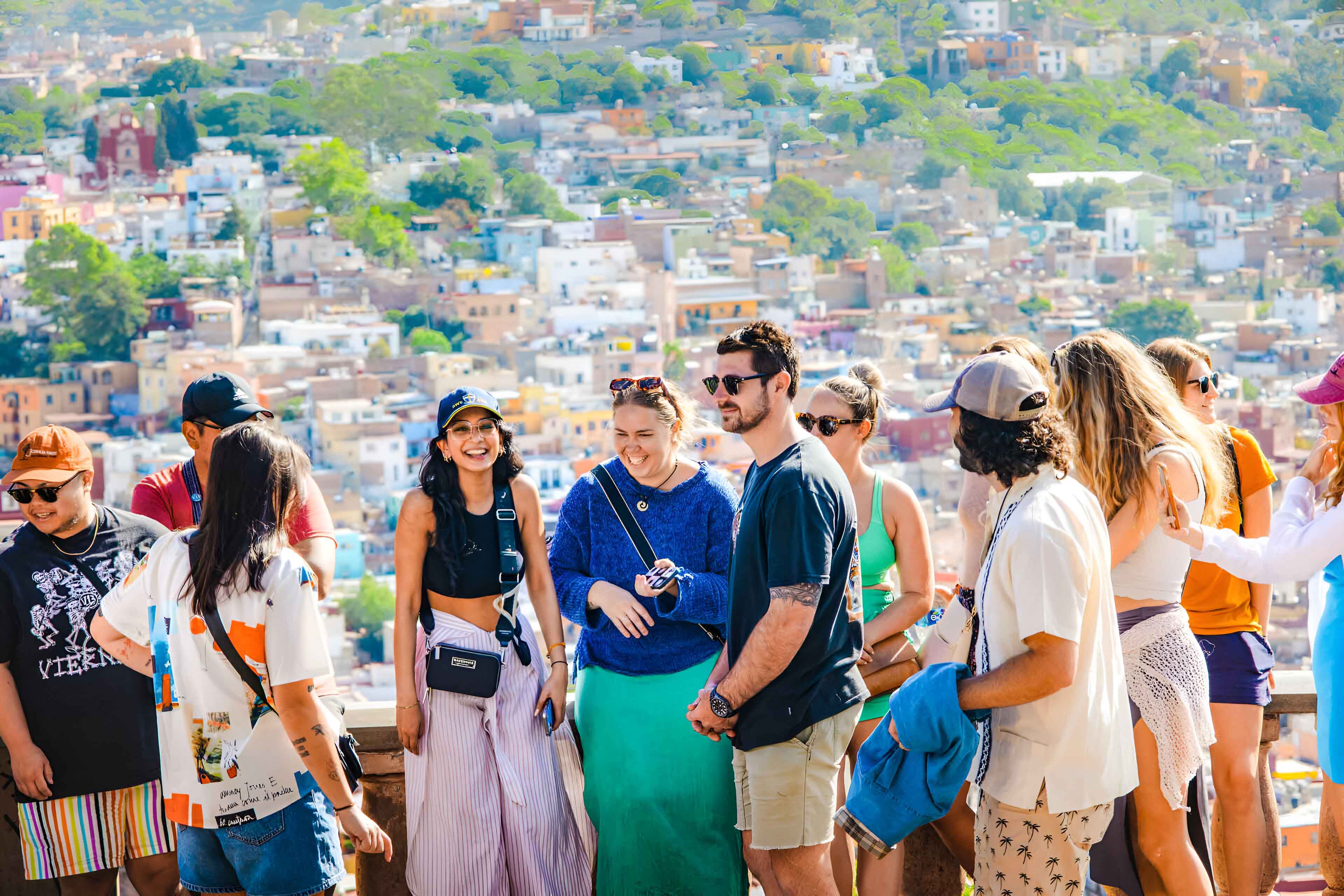 Young People Smiling City At The Background
