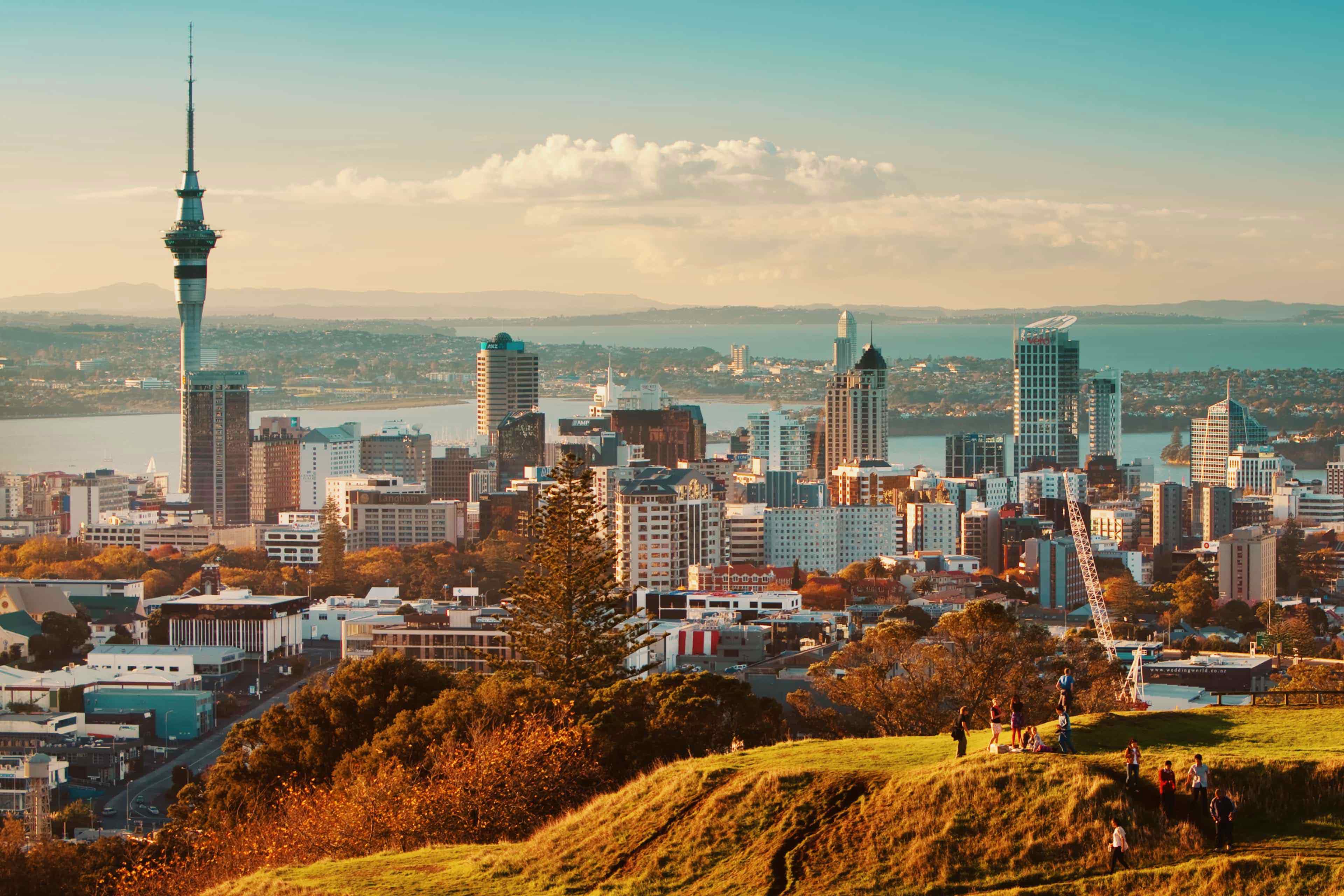 People relax on a grassy hillside overlooking the Auckland city skyline and Sky Tower at golden hour, New Zealand.