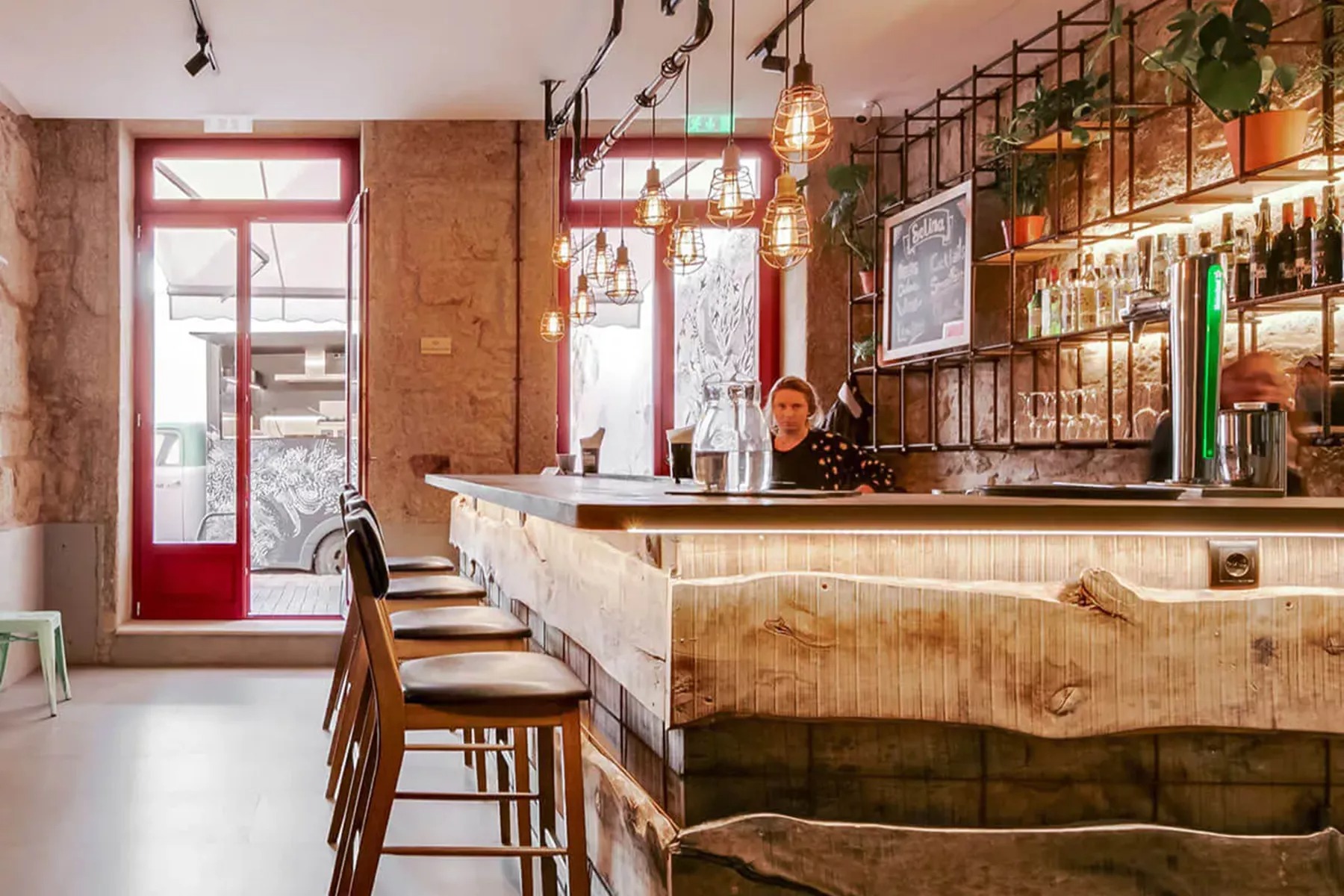 Woman in wooden bar