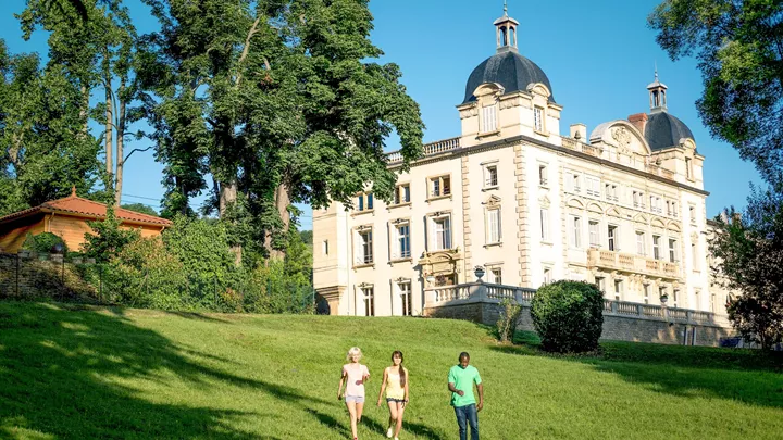 Travellers outside French Chateau, Beaujous, France